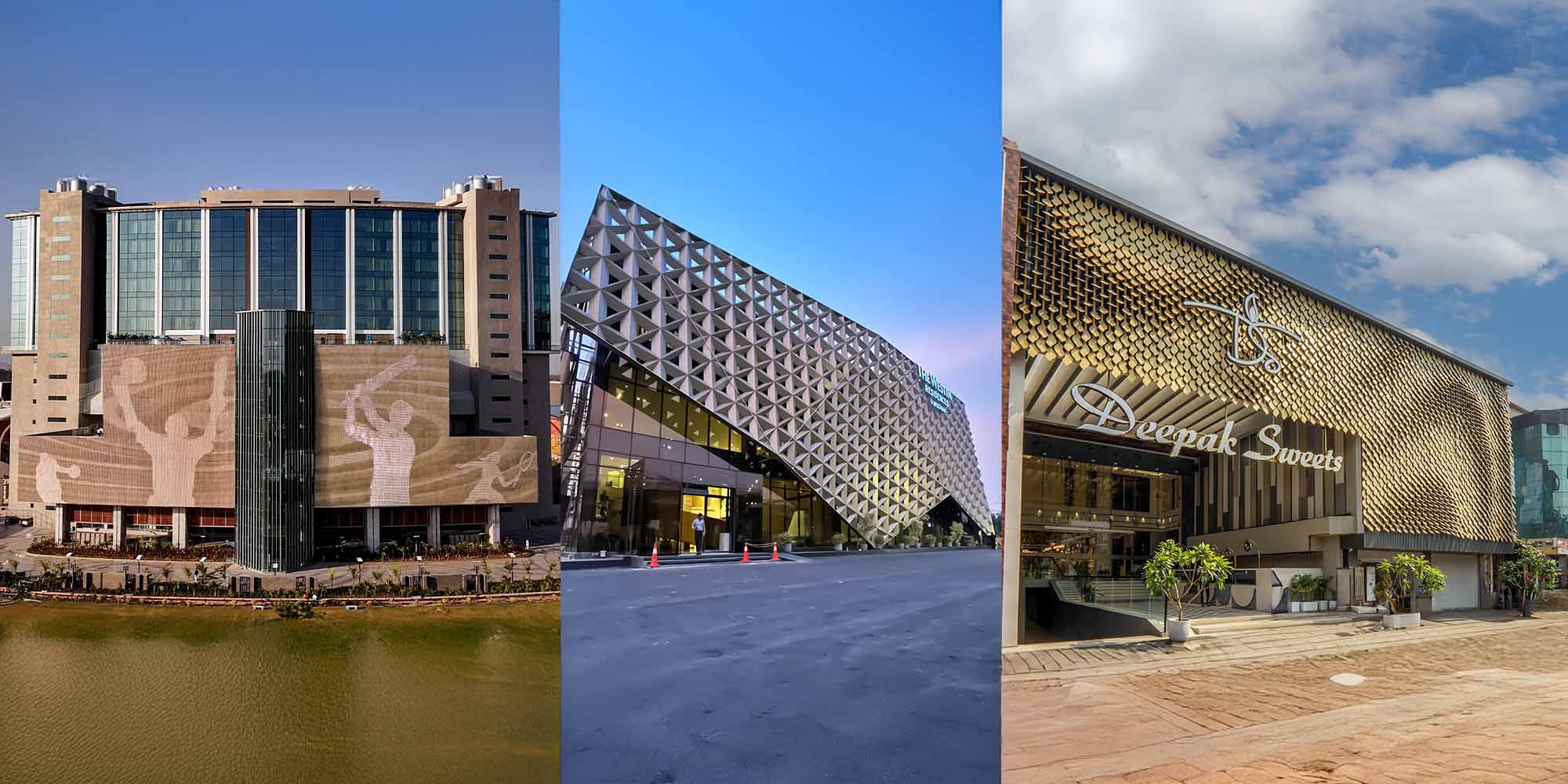 Commercial building exterior design in India showcasing modern facade systems, parametric architecture and premium metal cladding