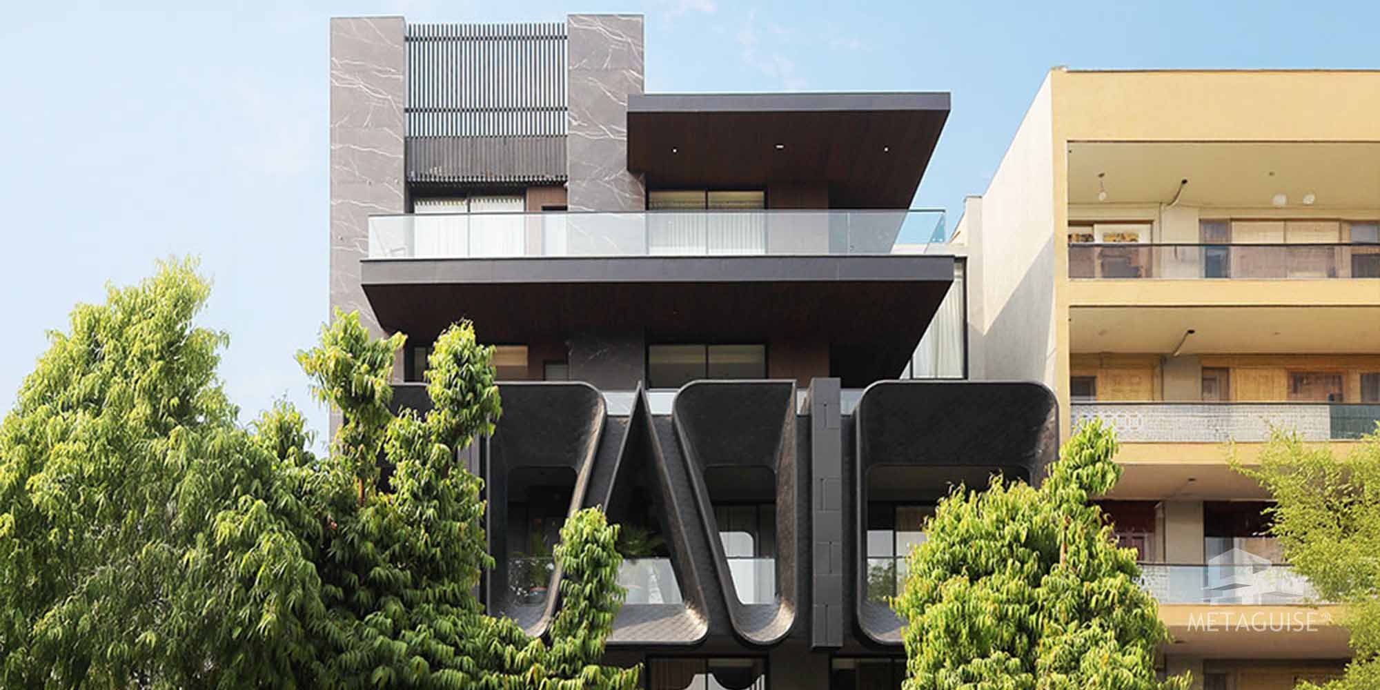 Duplex house facade design India G+1 with metal cladding – modern two-storey home elevation 2026