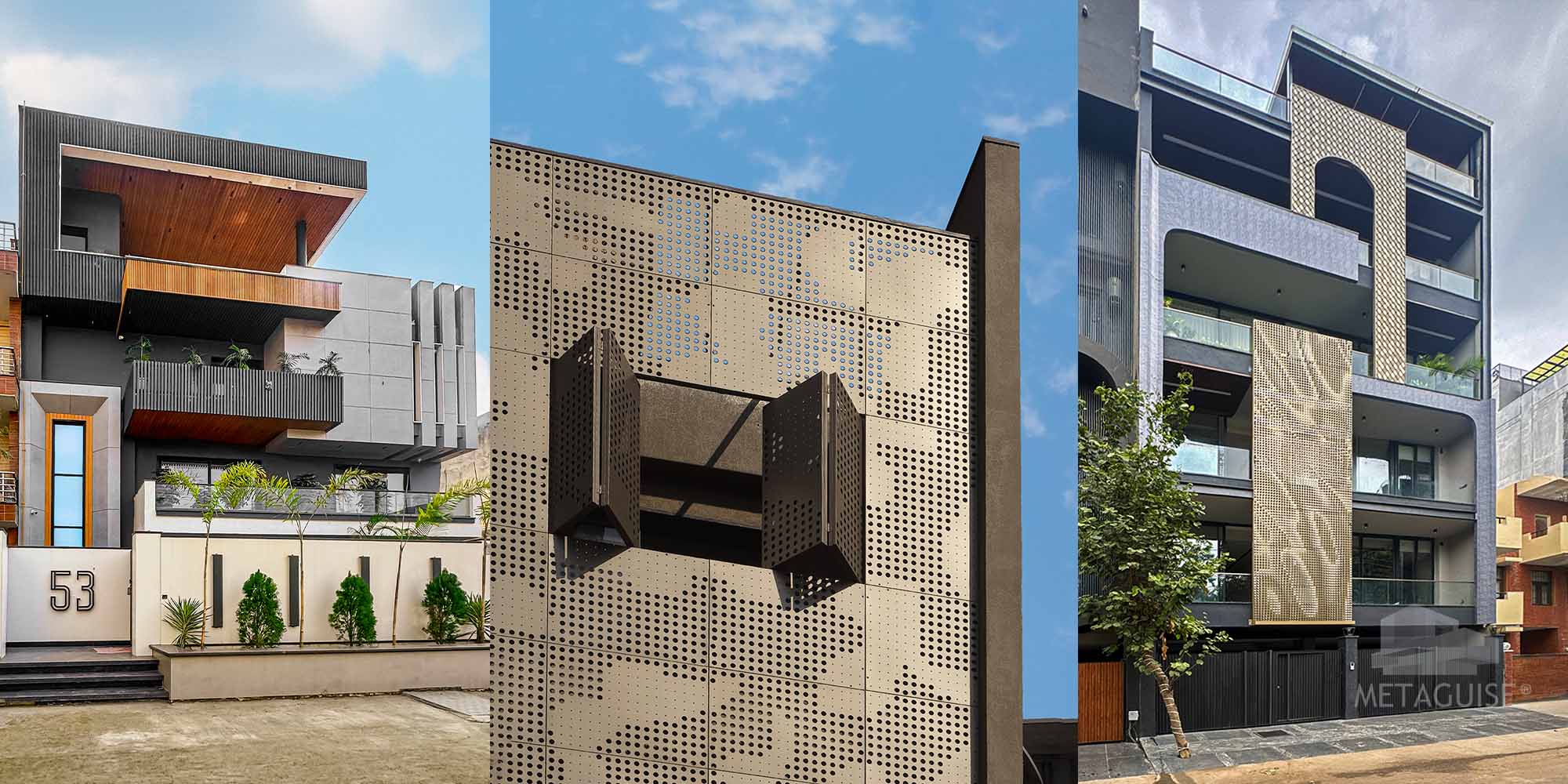 Luxury bungalow residential facade design in Delhi 2026 with parametric metal cladding by Metaguise